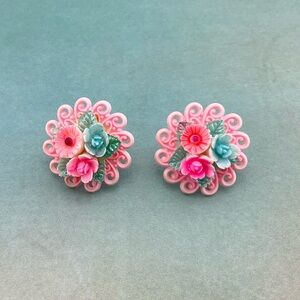Vintage, Colorful, Celluloid Flower Earrings, Pink, Coquette Girl, TWEE